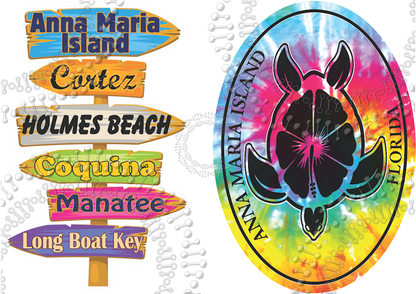 Anna Maria Island, FL - Directional Sign and Tie Dye Turtle Decal