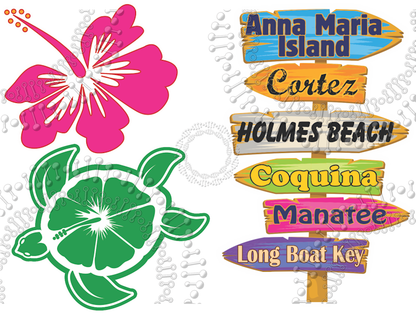 Anna Maria Island, FL - Directional, Turtle, Hibiscus Decal