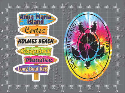 Anna Maria Island, FL - Directional Sign and Tie Dye Turtle Decal