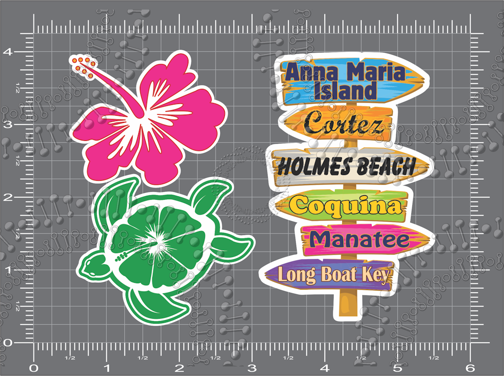 Anna Maria Island, FL - Directional, Turtle, Hibiscus Decal