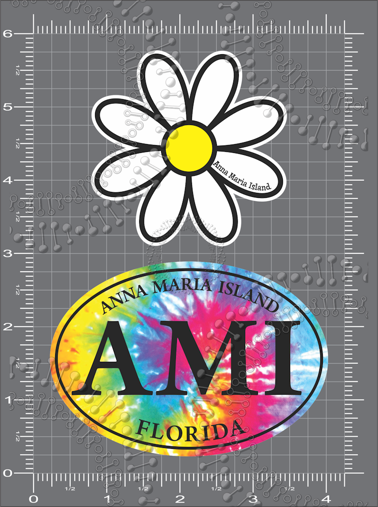 Anna Maria Island, FL - White Daisy and AMI Oval Tie Dye Decal