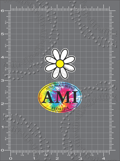 Anna Maria Island, FL - White Daisy and AMI Oval Tie Dye Decal