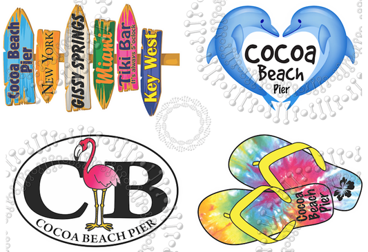 Cocoa Beach, FL - Cocoa Beach Pier - Directional Sign, Dolphin Heart, Sandals and CB with Flamingo Decal