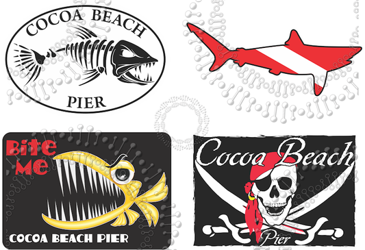 Cocoa Beach, FL - Cocoa Beach Pier - Pirate Flag, Bite Me, Dive Shark and Fishbonz Decal