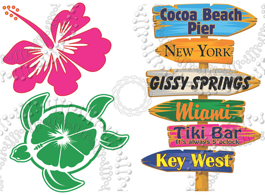 Cocoa Beach, FL - Cocoa Beach Pier Directional Sign with Turtle and Hibiscus Decal