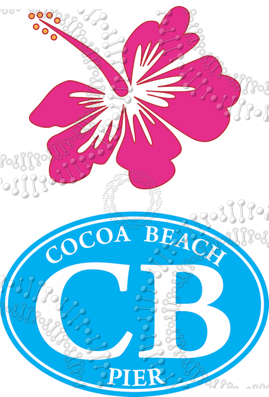 Cocoa Beach, FL - Cyan Cocoa Beach Pier Oval and Pink Hibiscus