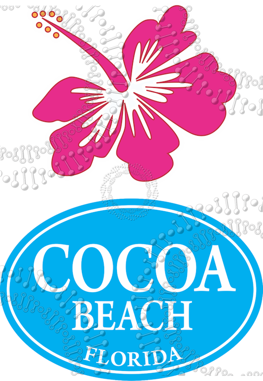 Cocoa Beach, FL - Pink Hibiscus and Cyan Cocoa Beach Oval Decal