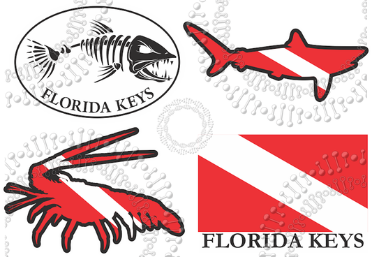 Florida Keys - Assorted Dive Lobster, Flag, Shark and Fishbonz Decal