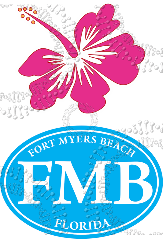 Fort Myers Beach, FL - Cyan FMB and Pink Hibiscus Decal