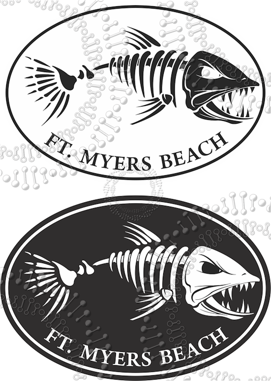 Fort Mywers Beach, FL - Black and White Fishbonz Decal