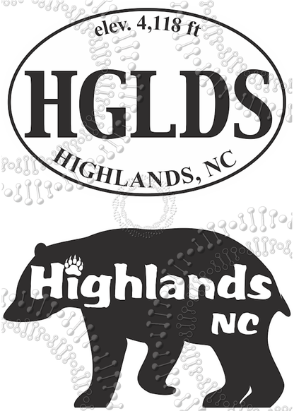 Highlands, NC - HGLDS White Oval and Highlands Black Bear Decal