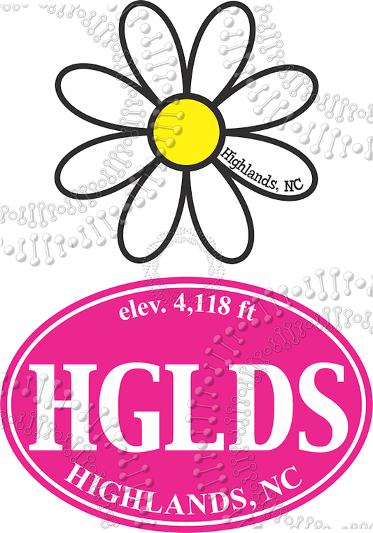 Highlands, NC - Pink HGLDS Oval and White Daisy Decal