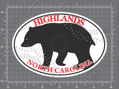 Highlands, NC - Bear with Red Text Decal