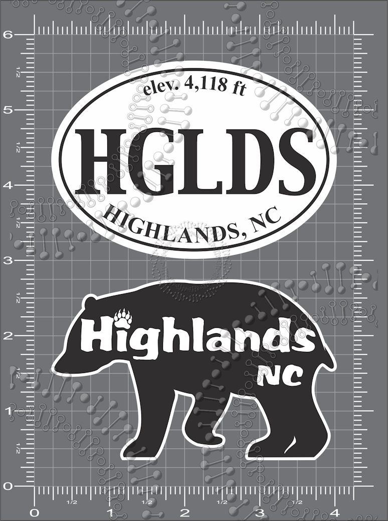 Highlands, NC - HGLDS White Oval and Highlands Black Bear Decal