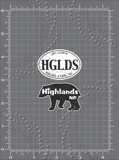 Highlands, NC - HGLDS White Oval and Highlands Black Bear Decal