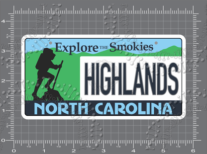 Highlands, NC - Hiker License Plate Decal