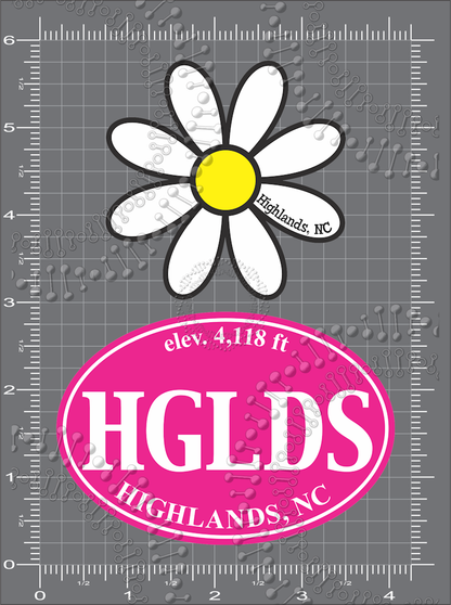 Highlands, NC - Pink HGLDS Oval and White Daisy Decal