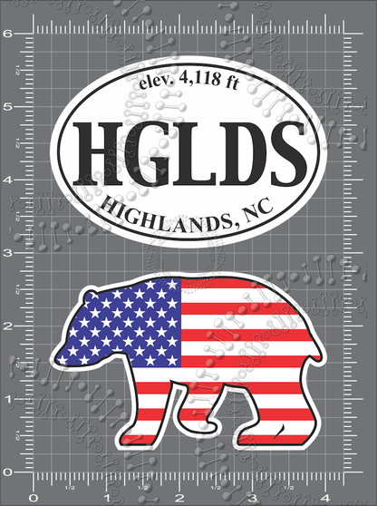 Highlands, NC - White HGLDS and USA Bear Decal