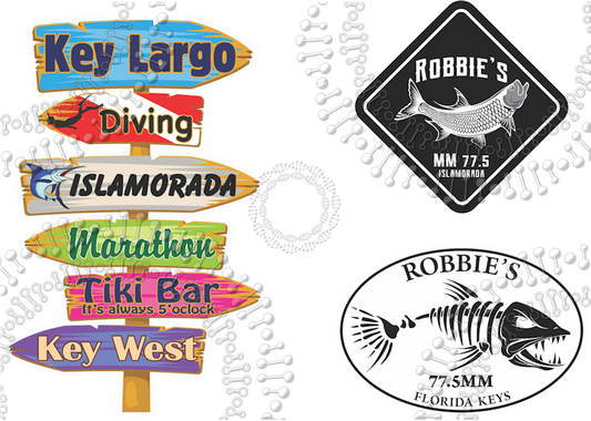 Key Largo, FL - Directional Sign with Robbies Diamond Fish and White Fishbonz Decal