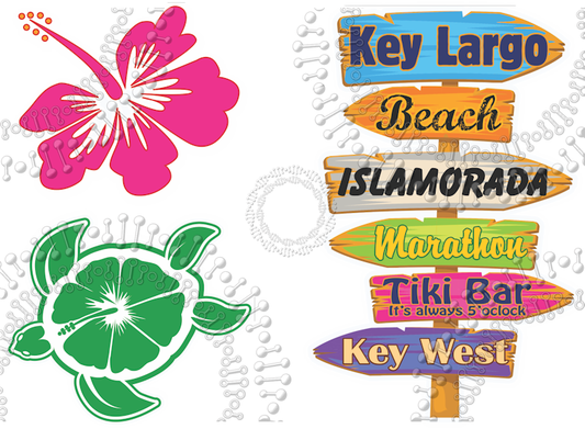 Key Largo, FL - Directional Sign with Turtle and Hibiscus Decal