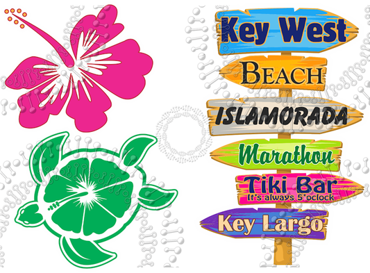 Key West, FL - Directional Sign with Turtle and Hibiscus Decal