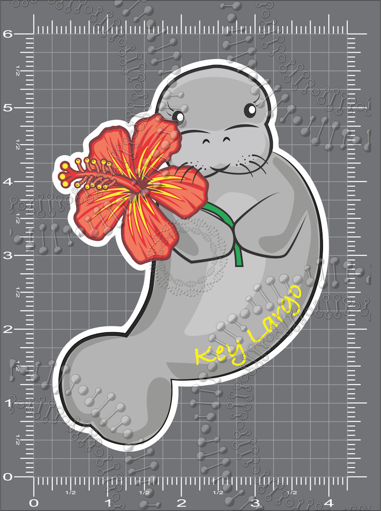 Key Largo, FL - Manatee with Orange and Yellow Flower Decal