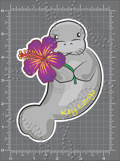 Key Largo, FL - Manatee with Purple Flower Decal