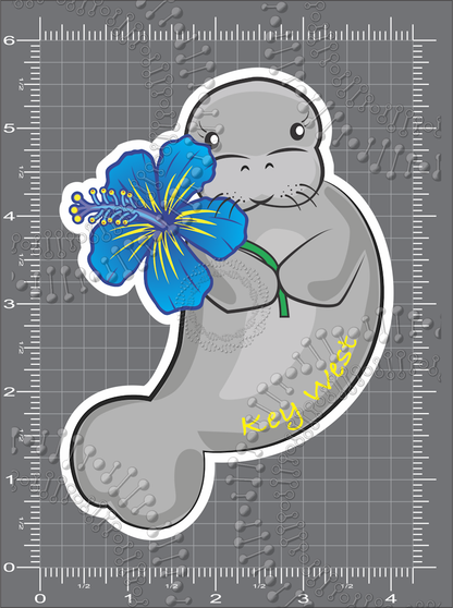 Key West, FL - Manatee with Blue Flower Decal