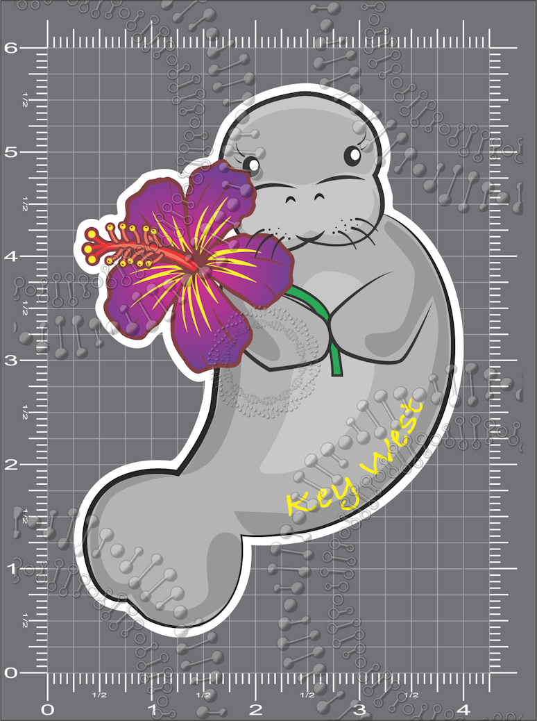 Key West, FL - Manatee with Purple Flower Decal