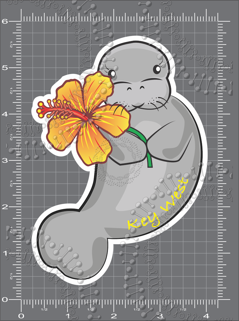 Key West, FL - Manatee with Yellow Flower Decal