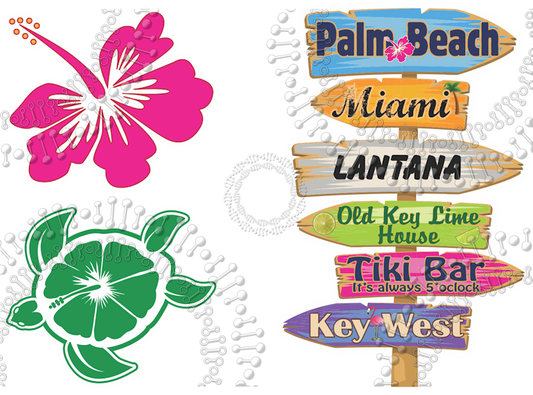 Palm Beach, FL - Directional Sign with Turtle, Hibiscus Decal