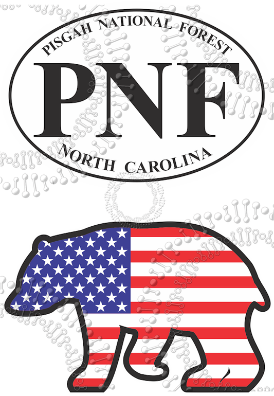 Pisgah National Forest, NC - PNF White Oval and USA Flag Bear Decal