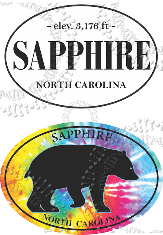 Sapphire, NC - Sapphire White and Bear Tie Dye Decal