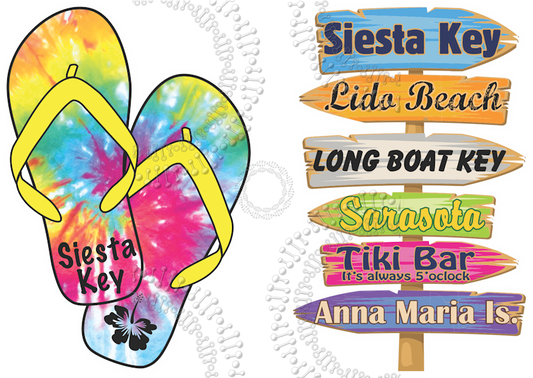 Siesta Key, FL - Directional Sign with Tie Dye Sandals Decal