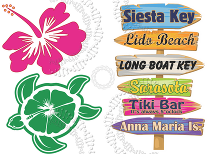 Siesta Key, FL - Directional Sign with Turtle, Hibiscus Decal