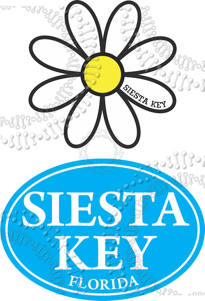 Siesta Key, FL - White Daisy with Cyan Oval Decal