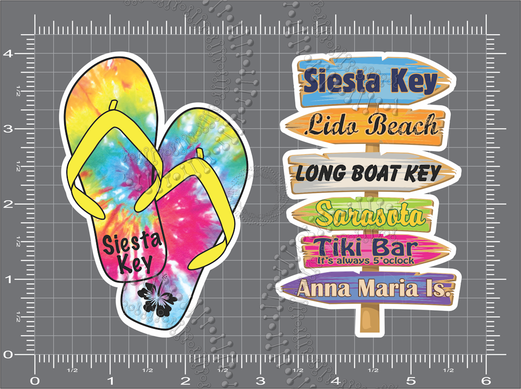 Siesta Key, FL - Directional Sign with Tie Dye Sandals Decal