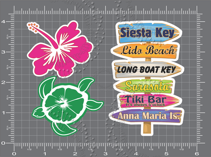 Siesta Key, FL - Directional Sign with Turtle, Hibiscus Decal