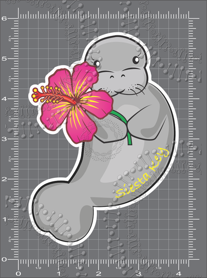 Siesta Key, FL - Manatee with Pink Flower Decal