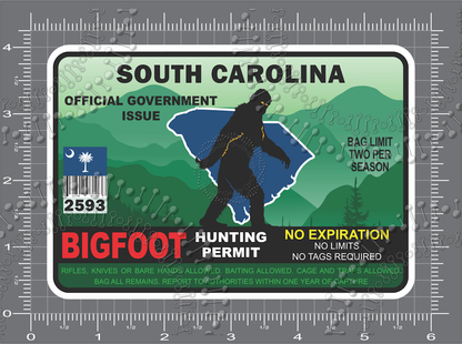 South Carolina - Bigfoot  Hunting License Decal